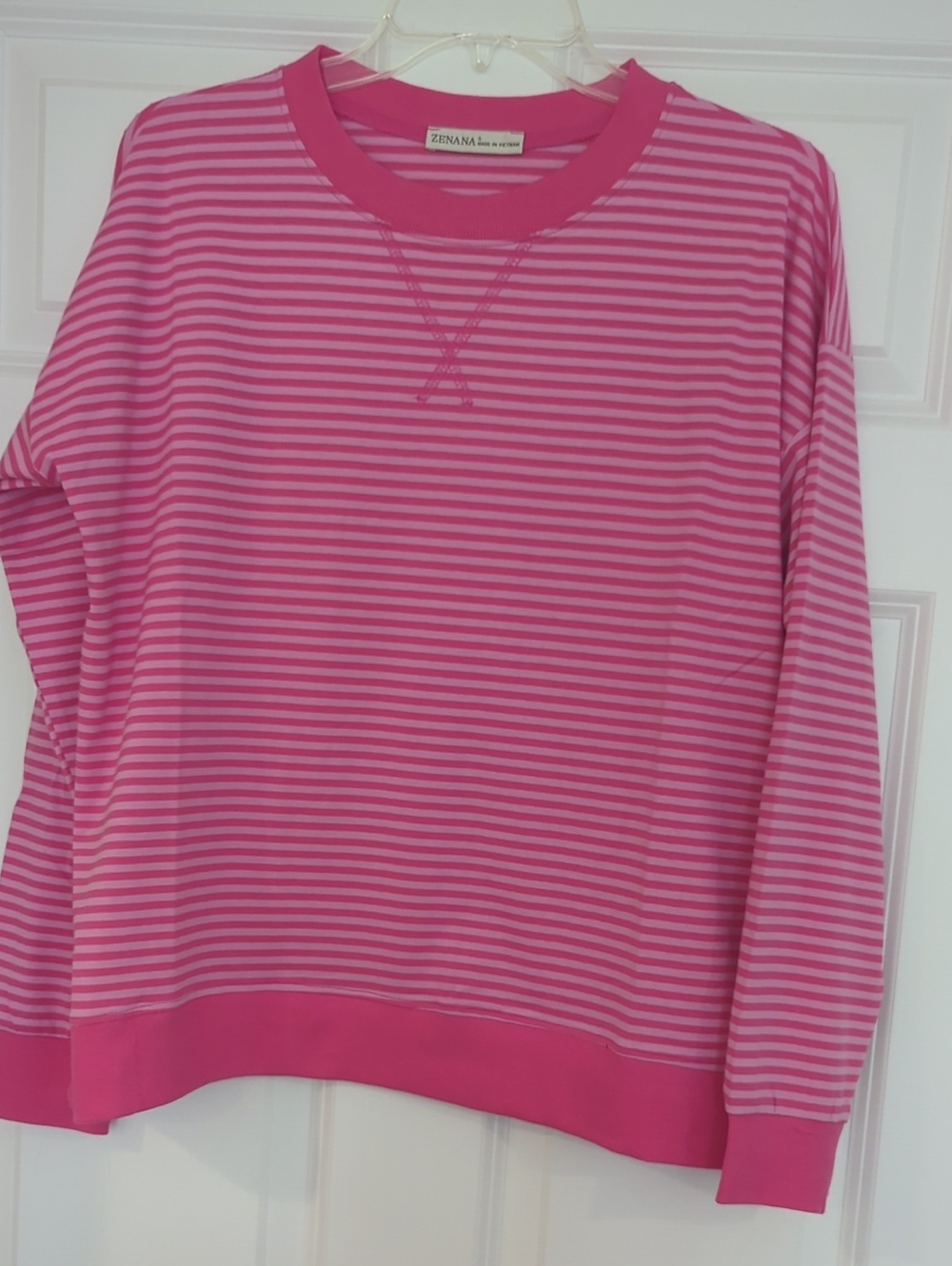 Zenana Outfitters Hot Pink & Light Pink Striped Crewneck Sweater